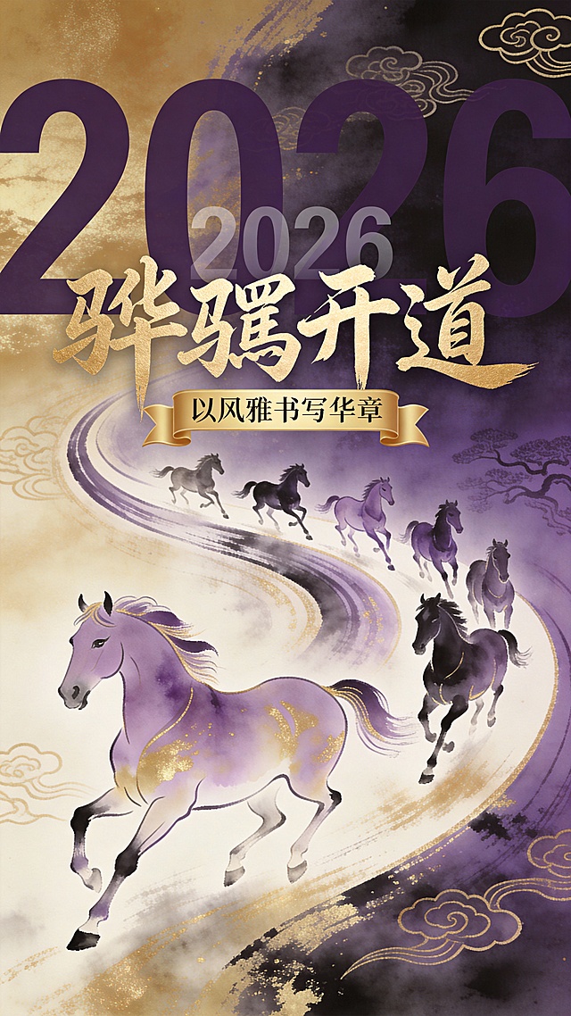 现代杂志排版风格。背景呈现从右侧深紫向左侧鎏金过渡的高级感抽象纹理，夹杂缠枝祥云图案。画面为八匹奔腾的水墨风安达卢西亚马插画，以柔婉线条和朦胧晕染勾勒动态，马身轮廓与边缘融入紫金渐变光泽。八匹马整体采用波浪形构图，展现出飘逸的奔行动势与前后空间关系。前景（靠近左侧）聚集着一匹领头马，以藕荷紫和浅金水墨晕染为主，轮廓线条简约锋利；后方的其余马匹则以较深的水墨色调（茄紫调与深紫调）呈现，体型渐小，沿着波浪线向右后方延伸。背景上巨大暗紫色的 “2026” 淡淡地隐入在画面上方。画面上方金色书法大字 “骅骝开道”，字体略微重叠在 “2026” 水印之上，下方搭配金色横向卷轴小字 “以风雅书写华章”。