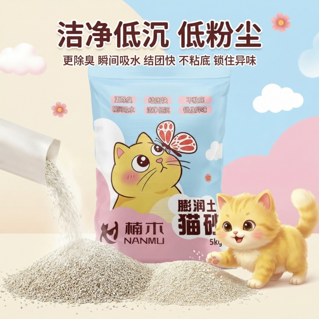 基于现有猫砂袋图片，制作高级可爱风格的1:1主图，突出“洁净低沉 低粉尘”卖点，画面展示猫砂扬起极少粉尘的场景，搭配可爱小猫，整体风格柔和清新，文字清晰醒目预览效果