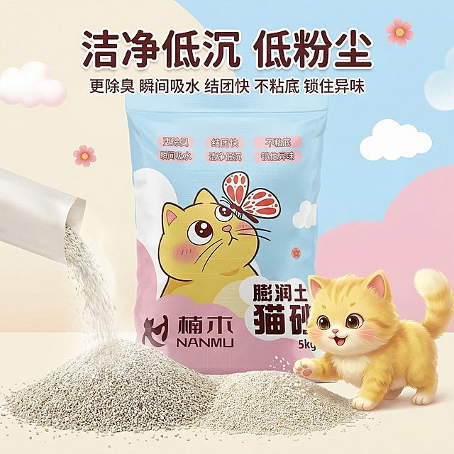 基于现有猫砂袋图片，制作高级可爱风格的1:1主图，突出“洁净低沉 低粉尘”卖点，画面展示猫砂扬起极少粉尘的场景，搭配可爱小猫，整体风格柔和清新，文字清晰醒目