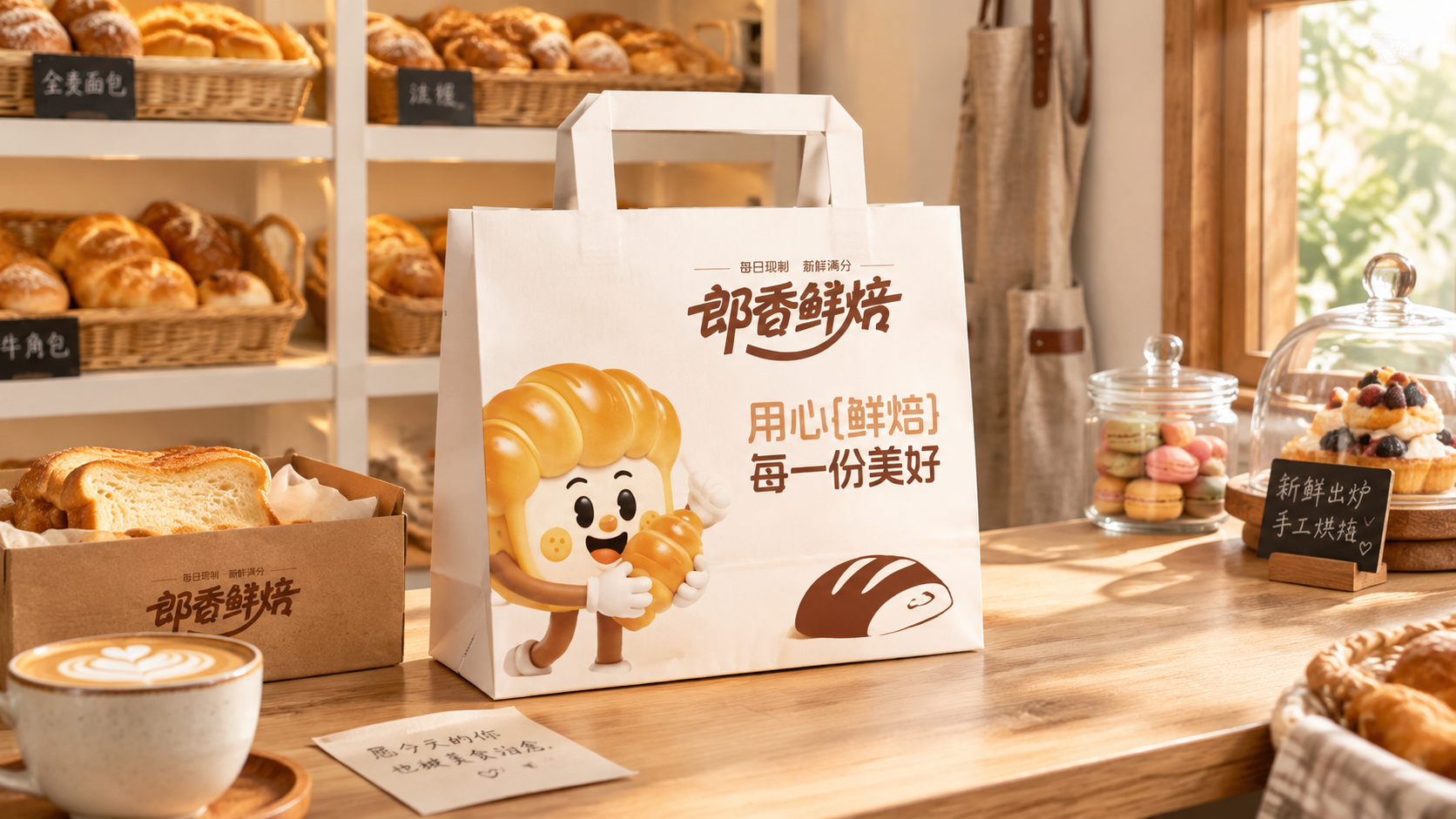 超写实烘焙店场景摄影。 主体：白色手提袋（用心鲜焙款）严格参照… - 图片创意预览