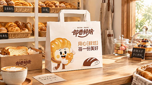 超写实烘焙店场景摄影。
主体：白色手提袋（用心鲜焙款）严格参照上传产品图，完整保留所有可见组件、轮廓、结构、比例、材质、颜色与产品本体上的文字信息（"郎香鲜焙"品牌名、"用心鲜焙 每一份美好"、面包吉祥物抱面包形象等），与上传图完全一致；自然融入场景光影，与场景共处同一物理空间。产品占画面约55%，完整不裁切，中景构图，背景无其他同类手提袋产品。
构图：黄金分割，微侧15°平视。
风格：温馨治愈。
场景：温馨烘焙店/面包坊取餐台一角，暖调自然光，新鲜出炉的氛围。
空间：①背景，白色面包展示架，架上摆放藤编面包篮和各式面包；②地面，浅米色六角砖；③右侧，木质窗框透进午后暖光，窗边挂着棉麻围裙。
陈列：①白色手提袋（主体）放置在浅原木色取餐台中央；②手提袋旁，一个牛皮纸盒里装着切片吐司；③餐台上，放着一杯热拿铁咖啡和一张手写便签；④背景处，玻璃罐里装着马卡龙和小甜点。
配色/材质：奶白/暖棕/米黄/原木色；白卡纸/陶瓷/原木/藤编/棉麻。
光影：主光从右侧窗户斜入暖金色自然光，照亮手提袋正面；辅光为顶部嵌入式暖黄灯漫射，白卡纸呈现干净柔和质感，整体氛围温暖清新。
参数：4K 写实光追。严格锁定宽高比为 16:9。