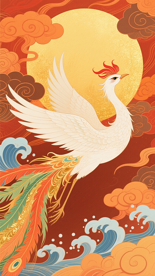 中国传统风格插画，一只展翅飞翔的凤凰，羽毛洁白，尾羽呈现橙红、翠绿、金黄等渐变色彩，头部有精致的红色冠羽，眼神锐利有神，背景是巨大的金色圆形太阳，周围环绕着橙红、赭石色的祥云和波浪状卷曲纹样，整体色调以暖橙色、金色为主，点缀蓝色和绿色，具有浓厚的中国神话色彩和华丽的装饰感，笔触细腻，线条流畅，充满动感与祥瑞氛围。