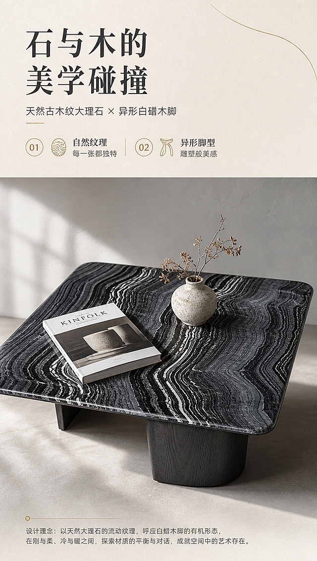 [商品] 使用【图1】DC-2308A大方几；保留方形大理石台面、古木纹黑白灰流动纹理、异形白蜡木脚造型、整体比例；增强大理石纹理层次感与木材自然肌理。
[画面] 目标：设计美学叙事，传递材质碰撞理念。上文下景版式，顶部约1/4浅米白纸感文案区，下方大方几45°俯视角特写，产品占画面约60%。台面放置一本艺术画册+小型陶瓷花瓶作为点缀，背景为浅灰色渐变墙面+柔和侧光，突出石材纹理与木脚曲线的设计对话。
[视觉] 套系策略：风格=高级轻奢亮调商业摄影；标题字=现代简约衬线粗体；正文字=简洁无衬线体；主色=米白+浅灰；背景延展=基于米白浅灰做深浅层级、同色渐变和细腻哑光质感；强调色=古铜金，仅用于小面积图标、引线和标签；标题色=深炭灰；正文色=中暖灰；组件=细线信息卡、金色引线、圆形序号标；光影=左前侧暖柔光+窗边自然光。
[文字] 顶部文案区：主标题「石与木的 美学碰撞」，副标题「天然古木纹大理石 × 异形白蜡木脚」，2个设计亮点「自然纹理 每一张都独特」「异形脚型 雕塑般美感」。底部小字设计理念说明。文字横排，不遮挡台面核心纹理。
[规格] 图片比例9:16竖版，4K分辨率，淘宝/天猫适配，中文文案，避免变形、错字、文字过小、冷蓝背景、产品结构改变。