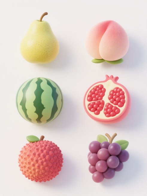 六个规整排布的水果造型图案素材，每个素材均为单一水果的软3D风格图案，水果包含梨子、水蜜桃、西瓜、石榴、荔枝、葡萄，均为正面视角，表面有细腻的纹理和柔和的高光阴影，色彩鲜艳饱满，背景为纯白色，整体构图简洁明快，视觉层次清晰，具有现代设计感。预览效果