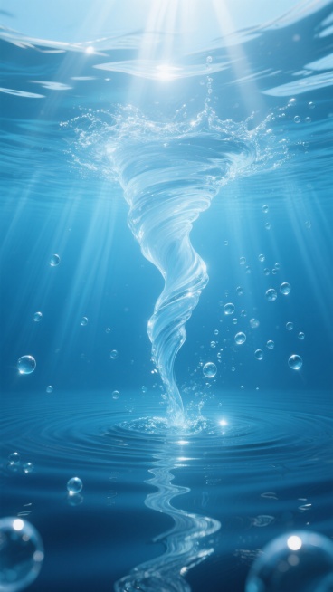 一张超写实风格的水下摄影照片，以清澈透明的蓝色为背景，呈现海水在阳光折射下的渐变光影效果，水面平静如镜，水下深处呈现深蓝色调，光线从上方温柔洒下，形成清晰的光束和柔和的阴影。画面中央是一个巨大的、形态优雅的水龙卷，水柱从水面旋转上升，顶部散开成细腻的水雾，周围环绕着大小不一的水珠和气泡，水珠表面光滑且带有高光，气泡呈现半透明的球形，悬浮在水中，整体构图采用对称美学，突出水龙卷的动态美感，营造出……预览效果