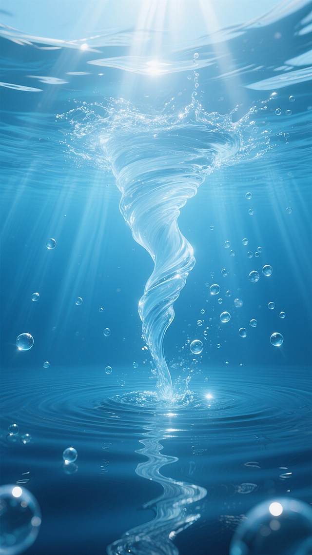 一张超写实风格的水下摄影照片，以清澈透明的蓝色为背景，呈现海水在阳光折射下的渐变光影效果，水面平静如镜，水下深处呈现深蓝色调，光线从上方温柔洒下，形成清晰的光束和柔和的阴影。画面中央是一个巨大的、形态优雅的水龙卷，水柱从水面旋转上升，顶部散开成细腻的水雾，周围环绕着大小不一的水珠和气泡，水珠表面光滑且带有高光，气泡呈现半透明的球形，悬浮在水中，整体构图采用对称美学，突出水龙卷的动态美感，营造出宁静而神秘的氛围，具有极高的细节质感和真实的液体物理特性。