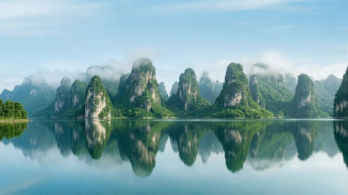 将图中的山替换为喀斯特地貌的山峰，山峰挺拔陡峭，保留原有的淡蓝色晴朗天空、平静湖面及整体清新柔和的色调，保持氛围静谧自然预览效果