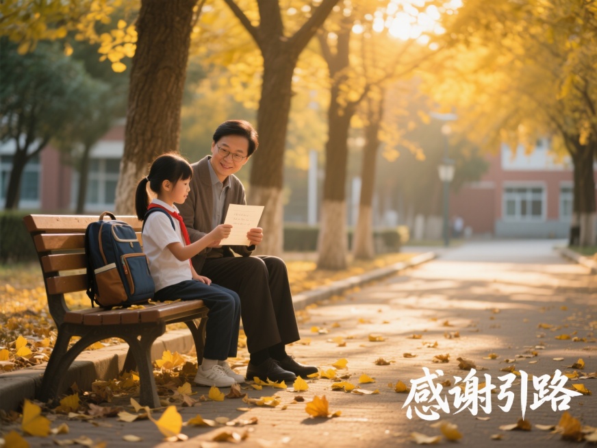 感恩教师节主题，校园林荫道上，教师与学生并肩坐在长椅上，学生向教师递上一封手写感谢信，周围散落着金黄银杏叶和落叶，教师身旁放着书包，暖黄夕阳透过树叶洒下斑驳光影，画面右下角有“感谢引路”手写体字样，写预览效果