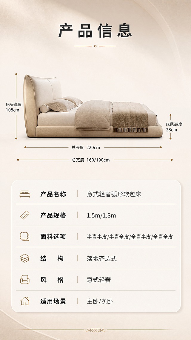 [商品] 使用【图1】意式轻奢弧形软包落地床；保留床头大弧度圆润造型、米色软包面料、落地齐边结构、床体比例和颜色；修复增强面料纹理质感、缝线细节，使软包更饱满圆润，整体商业精修。
[画面] 目标：产品信息与规格参数收口页。上下分区构图，上半部分床体正侧视示意图带尺寸引线，下半部分参数表格。产品位于上方居中，侧视角度，标注总长、总宽、床头高度、床体高度等关键尺寸线。下方为清晰的参数表格区域。背景简洁浅米色，信息层级分明。
[视觉] 套系策略：风格=意式轻奢高级商业摄影；标题字=现代简约粗黑体；正文字=纤细无衬线体；主色=奶茶米杏；背景延展=基于奶茶米杏做深浅层级、同色渐变和细腻织物/哑光墙面质感；强调色=暖棕金，仅用于小面积图标、引线、标签和装饰线条；标题色=深炭灰；正文色=中暖灰；组件=圆角浅底信息卡、细线引线、金色点缀图标；光影=左前侧暖柔光，柔和漫反射，阴影自然过渡。
[文字] 顶部标题"产品信息"。尺寸引线标注：床头高度、床尾高度、总宽度、总长度。下方参数表含：产品名称"意式轻奢弧形软包床"、产品规格"1.5m/1.8m"、面料选项"半青半皮/半青全皮/全青半皮/全青全皮"、结构"落地齐边式"、风格"意式轻奢"、适用场景"主卧/次卧"。文字清晰，表格规整，手机端可读。
[规格] 图片比例9:16竖版，4K，避免变形、错字、文字过小、冷蓝/蓝灰背景、床体颜色改变、结构失真、绝对化用语。