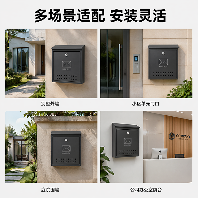 [第3屏] 多场景适用展示页，展示信报箱适配多种安装场景。[氛围/风格] 清新自然实景拼接风，真实舒适，新颖简洁。[元素布局] 画面顶部主标题区域，下方分为四个场景小图，2行2列宫格排布：左上展示别墅外墙安装效果，右上展示小区单元门口安装效果，左下展示庭院围墙安装效果，右下展示公司办公室前台安装效果，每个场景都包含信报箱主体，保持产品结构和深灰色外观与输入图一致。宫格之间有留白分割，整体干净整齐。[光影质感] 每个场景均使用自然光照，光线均匀自然，产品清晰，场景真实。[配色色系] 全局底色：#F8F8F8（浅灰）；主体配色：#2C3333（深灰信报箱）；辅助色：各场景自然环境色，色调和谐统一。[视角构图] 宫格排版，每个场景采用平视视角，信报箱在每个场景中都处于视觉中心位置，大小比例合理。[文字版式] 顶部主标题："多场景适配 安装灵活"，黑色加粗居中；每个小场景下方标注场景名称，黑色小号字，文字不遮挡产品，清晰可读。[比例分辨率] 1:1正方形比例，4K分辨率，文字清晰可辨。[负向提示词] 产品变形，颜色偏差，场景拼接错乱，文字模糊，水印，结构错误。