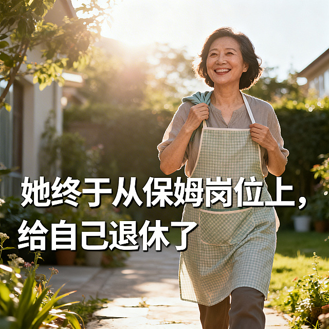 1:1封面主图，主题为#中年女性#自我觉醒 #婚姻感悟，画面为中年女性摘下围裙微笑走向阳光，添加文字"她终于从保姆岗位上，给自己退休了"，文字醒目排版舒适，整体氛围通透轻松