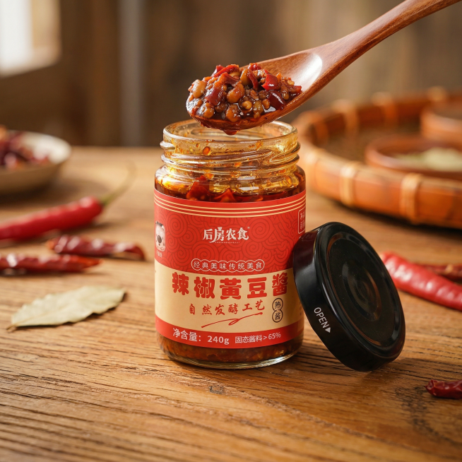 将这瓶辣椒黄豆酱生成美食商业摄影场景图，产品本体的形状、结构、图案、文字内容一字不改，文字清晰可辨，不模糊、不替换、不艺术化变形。酱料保留参考图本身的颜色、颗粒大小、酱豆形态、稠度、光泽，绝对不允许修预览效果
