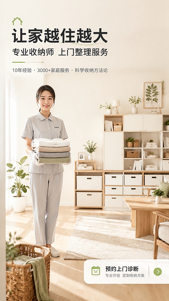 [第1屏] 收纳师上门服务详情页头图主视觉海报。
[氛围/风格] 温馨治愈日式极简风，干净明亮，商业摄影质感，柔和自然光感。
[元素布局] 画面右侧是整洁明亮的日式客厅场景，白色收纳柜整齐排列，收纳盒分类摆放，绿植点缀；左侧是一位专业女收纳师（亚洲面孔，穿浅灰色工作服，戴手套）微笑站立，手持折叠整齐的衣物；前景有木质地板和收纳篮；整体空间宽敞通透，一尘不染。
[光影质感] 左侧大窗户洒入柔和自然光，整体明亮通透，阴影柔和，营造温暖治愈的居家氛围。
[配色色系] 全局底色 #F7F5F0（米白暖调）；主色白色+原木色；辅助色浅灰、抹茶绿点缀。
[视角构图] 正面平视略带广角，收纳师位于画面左中位置，客厅场景延伸至右侧，阅读动线从左上标题到中部人物再到右侧场景。
[文字版式] 左上标题区，主标题「让家越住越大」大号黑体加粗，副标题「专业收纳师 上门整理服务」中号字体，下方小字「10年经验 · 3000+家庭服务 · 科学收纳方法论」；底部右侧有圆角信息条「预约上门诊断」；文字不遮挡人物主体。
[比例分辨率] 9:16竖版比例，4K分辨率，文字清晰可辨，高清画质。
[负向提示词] 变形，水印，文字错乱，文字过小，杂乱场景，人物变形，颜色偏差，背景昏暗。