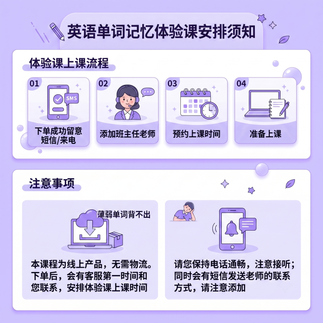生成英语单词记忆体验课安排须知图，和参考图风格一致，正方形，整体背景和UI颜色为浅紫色。内容分为两部分：第一部分标题"体验课安排须知"，内容为上课流程：01下单成功留意短信/来电，02添加班主任老师，预览效果