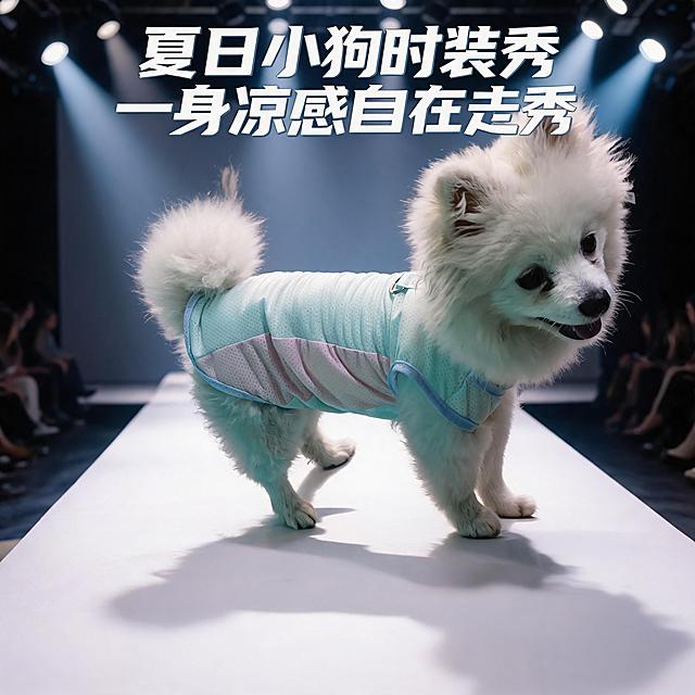 将背景换成模特走秀的T台，添加艺术文字标题“夏日小狗时装秀 一身凉感自在走秀”，保持衣服为薄荷绿拼蜜桃粉颜色，保留图片中小狗和衣服的主体内容