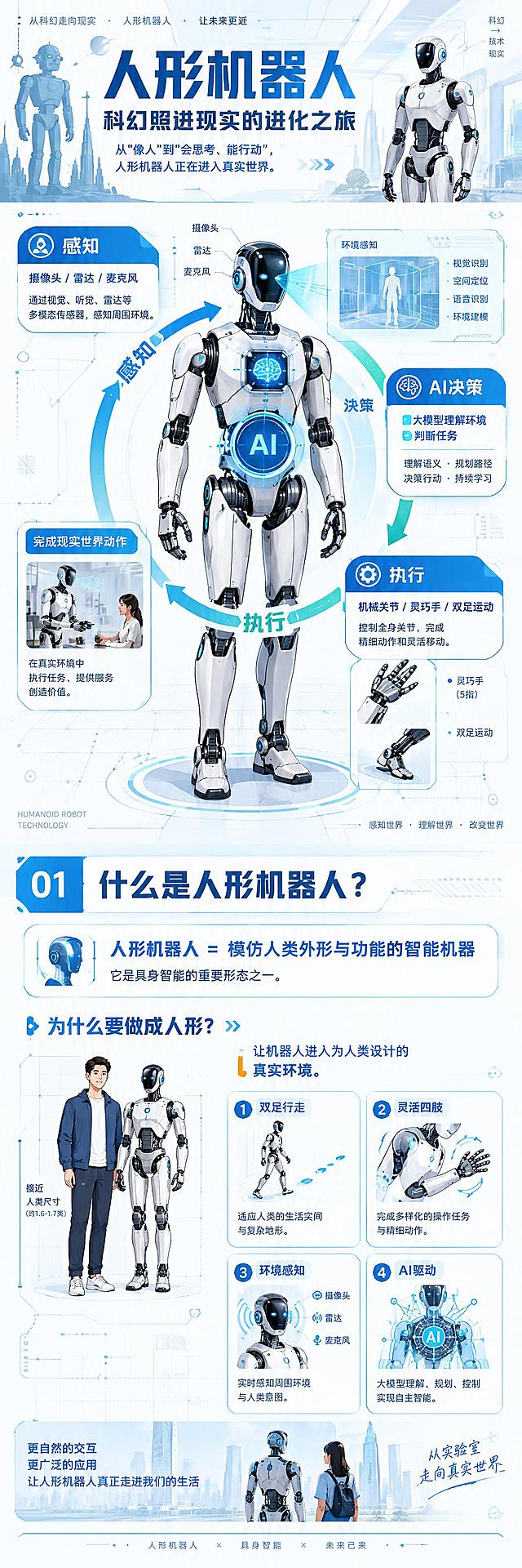 微信公众号科技科普长图，主题《人形机器人：科幻照进现实的进化之旅》，竖版超长信息图，现代科技科普杂志插画风，2D扁平插画结合轻微2.5D立体效果，线条干净利落，结构清晰，专业工业设计感。

整体色调：冷白色/浅灰白色背景，科技蓝、深蓝为主视觉色，少量青绿色、亮蓝色作为科技强调色，局部橙色作为警示和重点信息色，整体低饱和清爽克制。背景使用非常浅的灰白色科技网格、细线、坐标点、数据节点、机械结构辅助线，营造科技实验室+科普杂志氛围。画面光影干净通透，适当加入半透明HUD界面、数据框、圆形扫描线、机械结构线稿，不堆砌复杂特效。

【顶部标题区域】
顶部大标题："人形机器人"，副标题："科幻照进现实的进化之旅"，下方小字副标题："从'像人'到'会思考、能行动'，人形机器人正在进入真实世界。" 标题采用现代科技感中文字体，字形简洁有设计感。标题左侧是早期科幻作品中的简化机器人剪影，右侧逐渐演化为现代工业人形机器人，形成科幻→现实的视觉过渡。

【核心主视觉区域】
画面中央放置一台现代量产型人形机器人作为核心主体，身高约1.6-1.7米，成年人尺寸比例，机械躯干，双足，多关节机械手臂和腿部，灵巧五指机械手，头部安装摄像头、雷达、麦克风等感知设备。机器人采用现代工业机器人设计语言，白色、银灰色、深灰色机械结构搭配蓝色发光细节。接近未来真实量产的人形服务机器人，非战斗机器人，无武器，无夸张肌肉，无科幻装甲。

机器人周围通过漫画式信息气泡和箭头展示"感知→决策→执行"环形信息闭环：
- 感知：摄像头/雷达/麦克风，头部发出扫描线
- AI决策：大模型理解环境、判断任务，胸口/头部显示AI数据节点
- 执行：机械关节/灵巧手/双足运动
- 完成现实世界动作
形成一个环形箭头闭环，是整张图最重要的知识视觉之一。

【第一部分：什么是人形机器人】
科技百科卡片模块，标题："01｜什么是人形机器人？"，核心定义："人形机器人 = 模仿人类外形与功能的智能机器"，补充："它是具身智能的重要形态之一。"

用漫画形式解释"为什么要做成人形"，机器人站在人的身旁，通过四组简单插画展示：
1. 双足行走：机器人在地面行走，旁边出现脚步轨迹
2. 灵活四肢：机械手臂弯曲、旋转、伸展
3. 环境感知：头部摄像头、雷达、麦克风向周围发出扫描线
4. AI驱动：机器人头部或胸口出现AI数据节点，与身体各个关节连接
旁边加入小型说明："让机器人进入为人类设计的真实环境。"

【画面细节】
加入少量AI数据流、机械关节结构线、蓝色扫描线、半透明科技界面、坐标点、微型机械零件、关节运动轨迹、数据标签、信息箭头，但整体保持留白，不过度复杂。机器人具有真实机械结构逻辑，关节连接自然，手指数量正确（每手5指），身体比例合理，避免玩具机器人感觉。

整体效果类似科技杂志×工业设计图×科普漫画×AI视觉信息图。专业科技科普、现代人形机器人、具身智能、工业设计、信息可视化、科技杂志插画、2D+2.5D、清晰结构、冷白灰背景、科技蓝、数据可视化、漫画式知识表达、干净通透、现代、理性、未来感。

所有核心文字清晰、准确、完整，无乱码错别字，文字均为横向排版。微信公众号竖版长图，信息图从上到下阅读动线流畅。