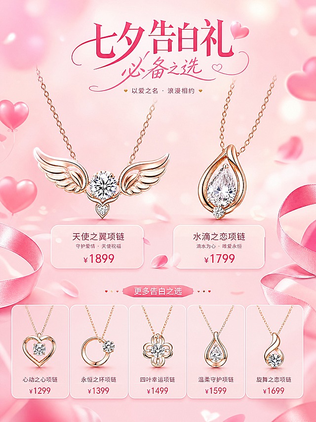 [商品] 使用【图1】中的项链和吊坠产品；保留项链的链条设计、吊坠造型、宝石镶嵌和金属材质；增强宝石光泽和金属质感。
[画面] 七夕告白礼—必备之选展示页，目标是展示项链、吊坠等告白礼物。画面上下布局，上方展示2款项链吊坠大图，左右并排，分别为天使翅膀造型和水滴钻造型，悬挂展示。下方展示更多款项链缩略图。背景为浅粉色渐变，有爱心和丝带装饰。画面层次：前景项链吊坠主体、中景装饰元素、后景粉色渐变背景。
[视觉] 套系策略：风格=浪漫七夕高端珠宝商业摄影；标题字=柔美衬线粗体+手写体结合；正文字=简洁无衬线体；主色=樱花粉/玫瑰粉；背景延展=基于粉色做深浅渐变、柔焦光斑和花瓣飘落质感；强调色=玫瑰红/金色，仅用于小面积图标、引线和标签；标题色=深玫红；正文色=暖粉灰；组件=圆角粉色信息卡、丝带装饰、爱心图标；光影=侧柔光突出宝石火彩，整体暖粉调。
[文字] 顶部主标题"七夕告白礼—必备之选"，每款项链下方标注款式名称和价格，文字横向排版，清晰易读，不遮挡产品主体。
[规格] 图片比例3:4竖版，4K分辨率，避免变形、错字、文字过小、冷蓝背景、宝石颜色改变、金属质感失真。