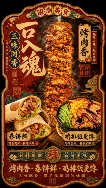 将三张图片（烤肉、卷饼、鸡排饭）合成为异形板广告牌，配上合适的美食广告词，国潮复古风格预览效果