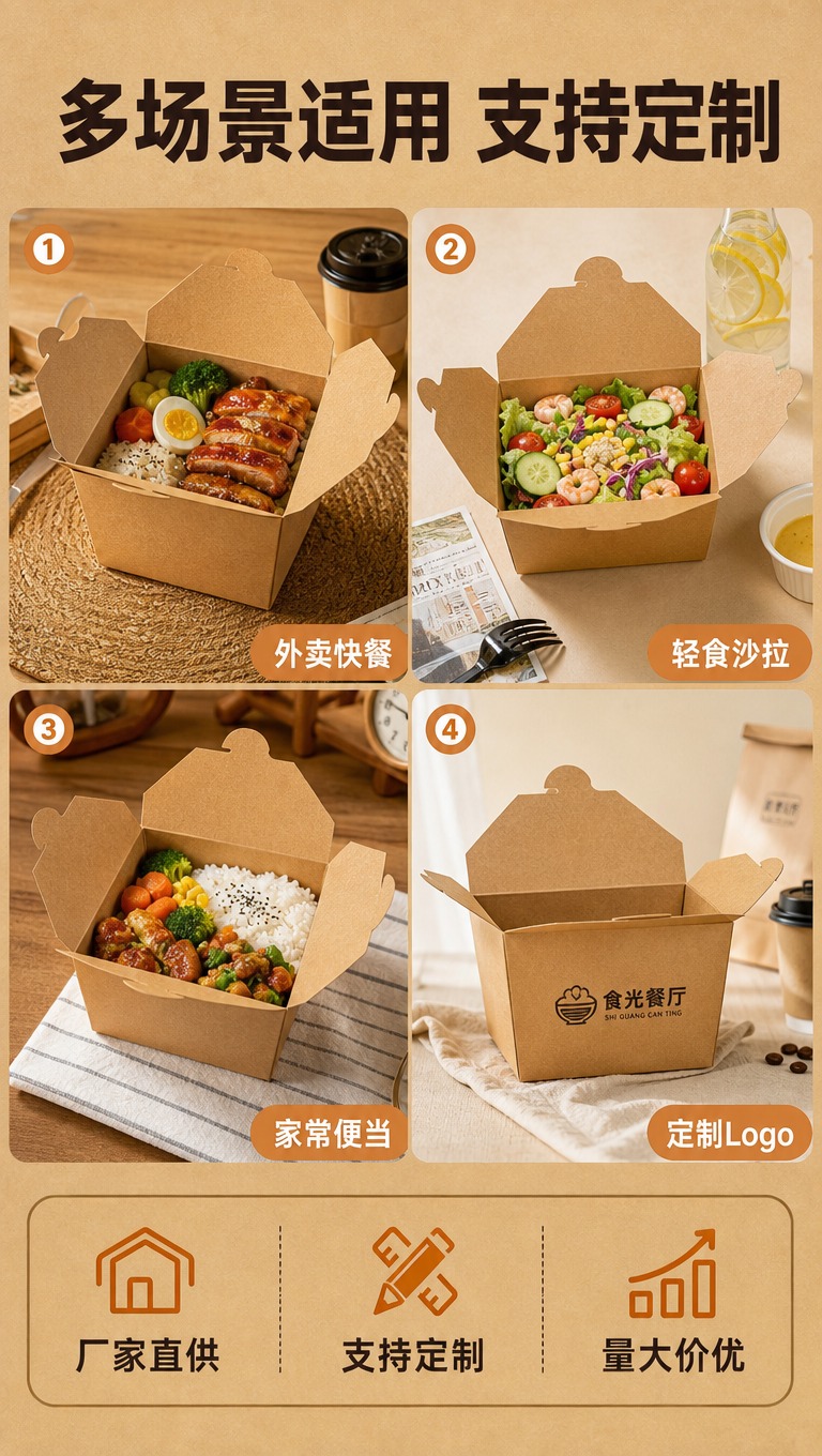 [商品] 使用【图1】牛皮纸餐盒（四舌片翻盖式外卖打包盒）；保… - 图片创意预览
