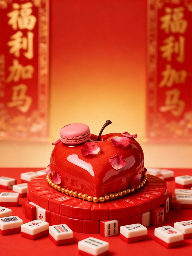 红色麻将随意堆叠成创意展台，主体摆放在麻将展台上（主体占画面比30%，正面视角），红金渐变背景（“福利加马”鎏金字体对联点缀，虚化），自然光影，高饱和喜庆感配色，保证溶图效果。