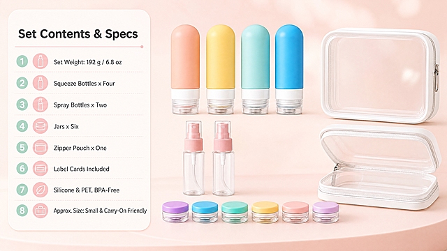 [商品] 使用【图1】中完整的17件套，所有组件按类别分行平铺为标准展示照：第一行四个圆顶挤压瓶，第二行两个喷雾瓶，第三行六个矮圆分装罐，右侧放打开与闭合的透明收纳包；严格保留颜色、比例、盖型与件数，不虚构额外配件。
[画面] 目标：参数与套装内容物一目了然。构图：左40%为圆角浅底参数信息卡，右60%为产品分类平铺矩阵微俯视；景别中景。信息载体：圆角信息卡、分类行编号圆点、细线引线。背景浅粉米同色渐变，产品下方有柔和接触阴影，前中后三层为台面、产品矩阵、柔光散焦背景。
[视觉] 套系策略：风格=跨境极简高级商业摄影，真实客观；标题字=现代无衬线粗体；正文字=简洁无衬线体；主色=柔雾珊瑚粉；背景延展=极低饱和浅粉米底做深浅层级与同色渐变、细腻磨砂质感；强调色=薄荷绿，仅小面积用于编号圆点与信息标签；标题色=深炭灰；正文色=中暖灰；组件=圆角浅底信息卡、分类行编号、细线引线；光影=左前侧暖柔光。
[文字] 左侧信息卡横向排版：主标题 "Set Contents & Specs"；参数行 "Set Weight: 192 g / 6.8 oz"、"Squeeze Bottles x Four"、"Spray Bottles x Two"、"Jars x Six"、"Zipper Pouch x One"、"Label Cards Included"、"Silicone & PET, BPA-Free"、"Approx. Size: Small & Carry-On Friendly"；全部横排，字号清晰可读，不遮挡产品。
[规格] 图片比例16:9横版，4K；避免虚构精确容量或认证、参数错行、蚂蚁字、竖排或旋转文字、冷蓝背景主色、件数错误。