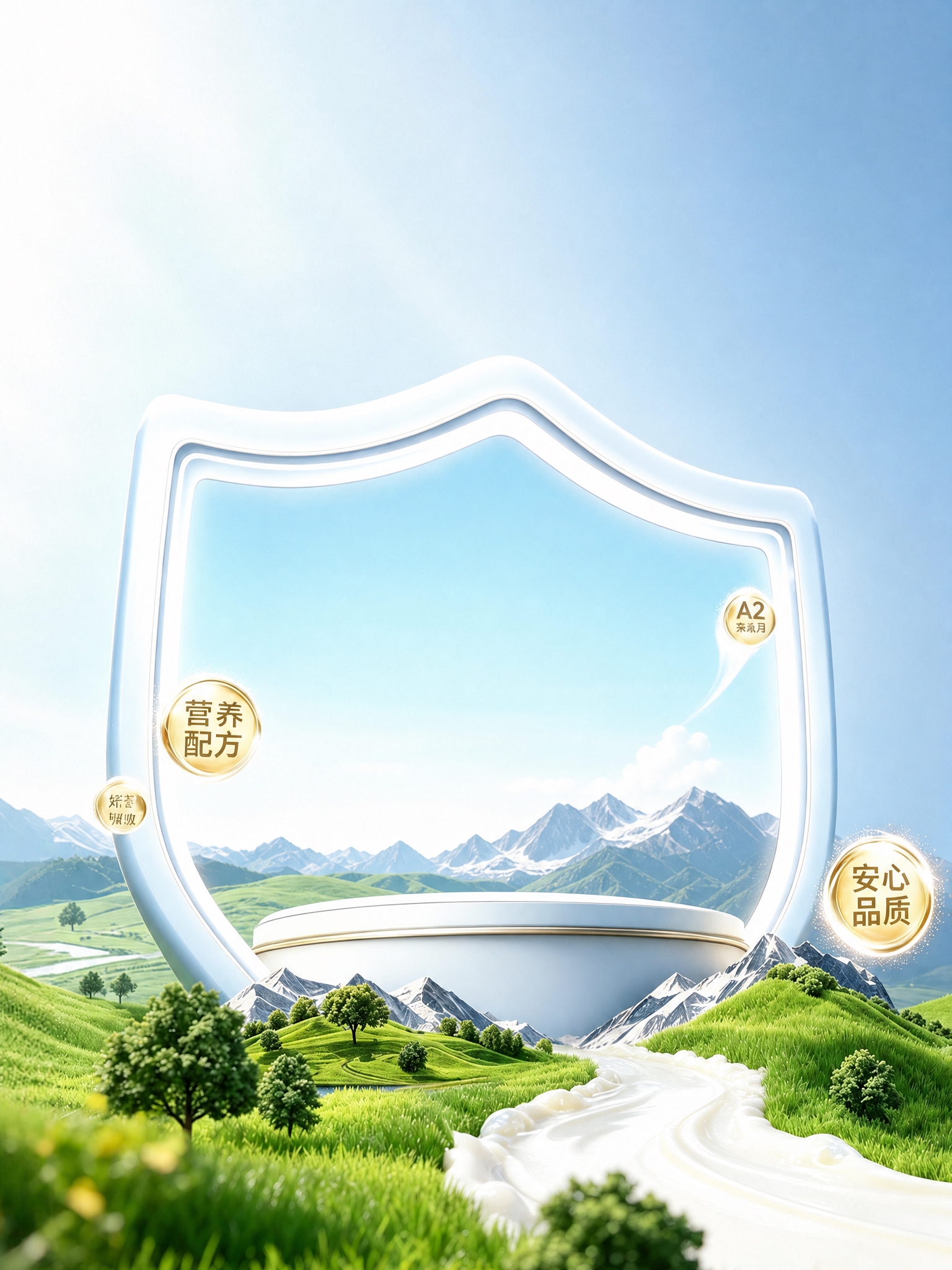 移除画面中所有的奶粉罐产品，保留盾牌形状的白色展示台、周围的金… - 图片创意预览
