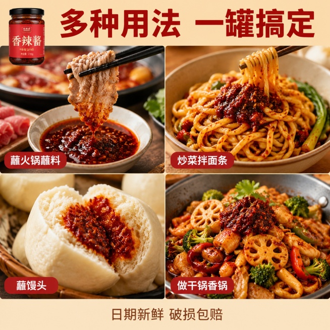 [主图-5] 多场景应用展示，促进转化下单。
[氛围风格] 生活化食欲氛围，真实自然，展示多种使用可能。
[画质] 清晰商业摄影，场景真实，食欲感强。
[元素] 画面采用四宫格布局，每个宫格分别展示香预览效果