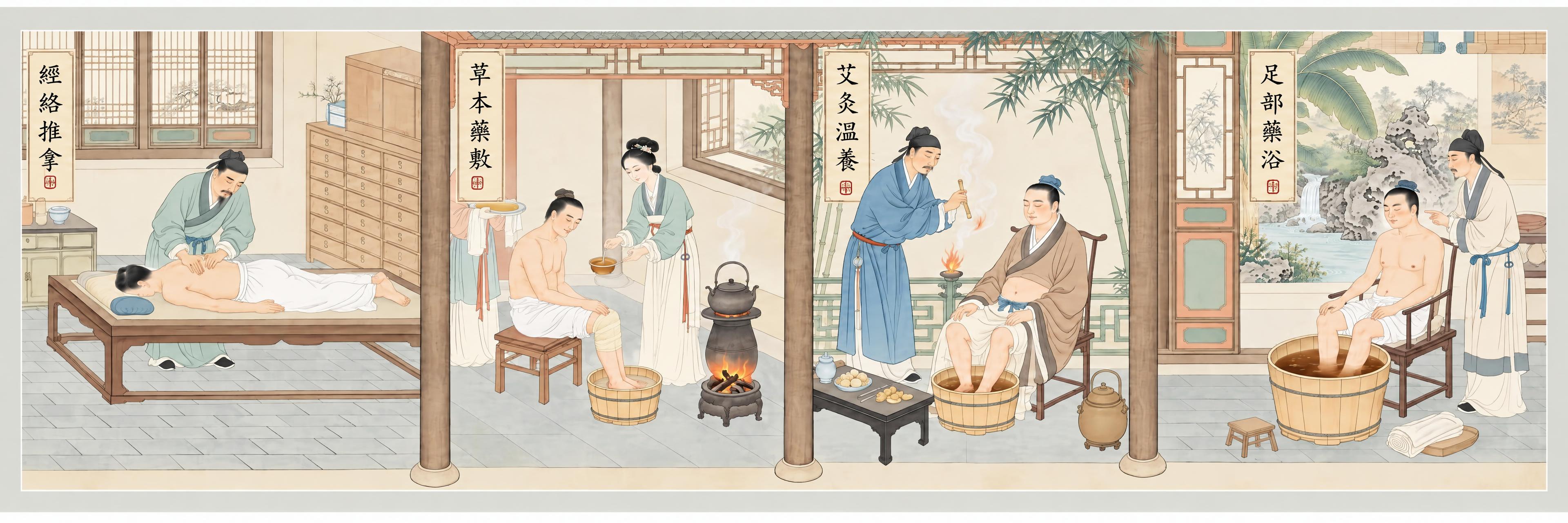 为这幅宋代工笔画风格的四场景养生长卷，在每个场景的上方添加竖排… - 图片创意预览