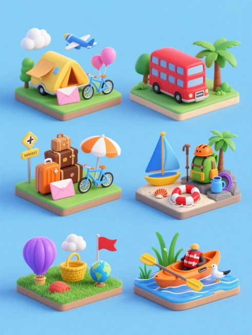 一套6个不同旅游主题的3D卡通微缩场景，保持可爱圆润的Q版风格，超写实的塑料玩具质感，鲜艳明快的纯色背景（每个场景背景色不同），柔和均匀的顶光照明，清晰的阴影细节，平滑的材质过渡。每个场景独立呈现不同的旅游元素组合：1. 黄色露营车、橙色行李箱、蓝色自行车、粉色信封、绿色草地底座、蓝色飞机和粉色气球；2. 红色双层巴士、棕色行李箱堆、黄色路标、绿色树木、白色云朵和蓝色天空背景；3. 蓝色帆船、……预览效果