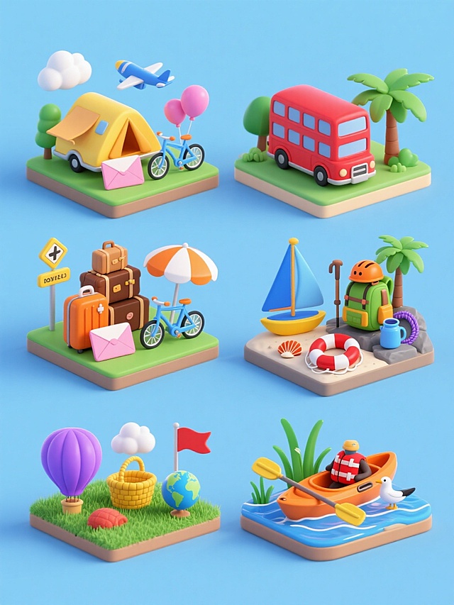 一套6个不同旅游主题的3D卡通微缩场景，保持可爱圆润的Q版风格，超写实的塑料玩具质感，鲜艳明快的纯色背景（每个场景背景色不同），柔和均匀的顶光照明，清晰的阴影细节，平滑的材质过渡。每个场景独立呈现不同的旅游元素组合：1. 黄色露营车、橙色行李箱、蓝色自行车、粉色信封、绿色草地底座、蓝色飞机和粉色气球；2. 红色双层巴士、棕色行李箱堆、黄色路标、绿色树木、白色云朵和蓝色天空背景；3. 蓝色帆船、黄色救生圈、红色贝壳、白色沙滩底座、橙色太阳伞和绿色棕榈树；4. 绿色登山背包、棕色登山杖、橙色头盔、灰色岩石底座、蓝色水壶和紫色登山绳；5. 紫色热气球、白色云朵、黄色篮子、蓝色地球仪、绿色草地底座和红色旗帜；6. 橙色皮划艇、蓝色水波底座、黄色桨、绿色水草、红色救生衣和白色海鸥。所有场景均无文字、无logo、无水印，元素排布规整，保持一致的构图平衡感和视觉统一性，整体呈现出欢快活泼的旅游氛围。