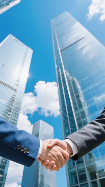 高角度仰拍视角，明亮通透的自然光效果，蔚蓝天空中点缀着蓬松的白色云朵，阳光下熠熠生辉的现代玻璃幕墙摩天大楼作为背景，前景中两只穿着正式西装（一只蓝色西装袖口、一只深灰色西装袖口）的手在画面中央有力地紧握，展现出合作与信任的氛围，整体色调以蓝色和白色为主，光影对比鲜明，细节清晰，具有专业、商务、积极向上的视觉感受，不同场景的办公背景体现在现代化的商务建筑环境中。预览效果