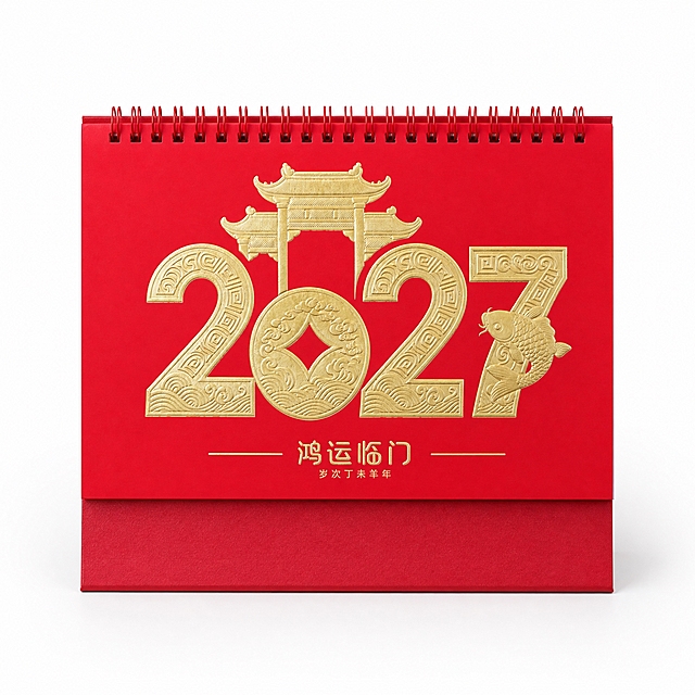 产品精修, 产品置于纯白背景上, 专业商业棚拍光, 5500K标准中性白光, 轮廓光, 体积光, 曝光正确, 强烈真实立体感, 提亮黑色/深色区域的结构层次, 拉开明暗过渡, 恢复部件边界、接缝、转折面和厚度关系, 避免一片死黑但保持原图深色属性, 接地处保留干净浅淡的自然接触阴影, 严禁大片投影、脏灰阴影和悬浮感, 主体居中, 商品完整入画不裁切, 商品外轮廓视觉体量约画面60%-80%, 四边均匀留白约10%-20%, 严禁满幅铺满与贴边顶满, 极致超清画质, 细节清晰锐利, 4K分辨率, 商业级实拍质感, 保留原图真实材质与结构细节, 明显提升商品表面洁净度, 清理灰尘、污渍、指纹、油污、胶痕和霉点, 让表面从脏旧发闷变为干净可售卖状态, 修复划痕、磨损、掉漆、飞边毛刺和使用旧痕, 翻新为干净商业新品感, 基于原图材质恢复纹理、颗粒、折射、高光、柔韧折痕、透明边线或工艺细节, 避免糊成塑料感, 锁定原图商品颜色, 颜色以输入图为唯一参考, 分段部件颜色边界按原图锁定, 还原真实物理色彩, 消除灰暗感和偏色, 锁定原图商品轮廓、件数、部件位置、连接关系、标签文字和可见功能细节, 只做精修不重绘结构, 台历红色封面纸张: 哑光/半哑光纸质质感, 柔和漫反射, 低高光, 烫金2027鲤鱼门楼图案区域: 光面金属质感按原图锁定, 高光边线清晰, 反射干净但不过度镜面化, 红色线圈装订: 塑料·亮面/光面质感, 高光明确, 曲面反光顺滑, 正视图, 标准透视校正, 正常透视焦段, 保持同类机位, 比例1:1