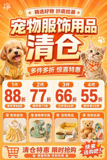 活动促销风格宠物用品清仓海报，写实商业摄影，活泼暖橙色主色调，画面排版精美。主标题大字体"宠物服饰用品清仓"，副标题"多件多折 惊喜特惠"，装饰文案"精选好物 抄底捡漏"，优惠信息清晰陈列："1件88预览效果