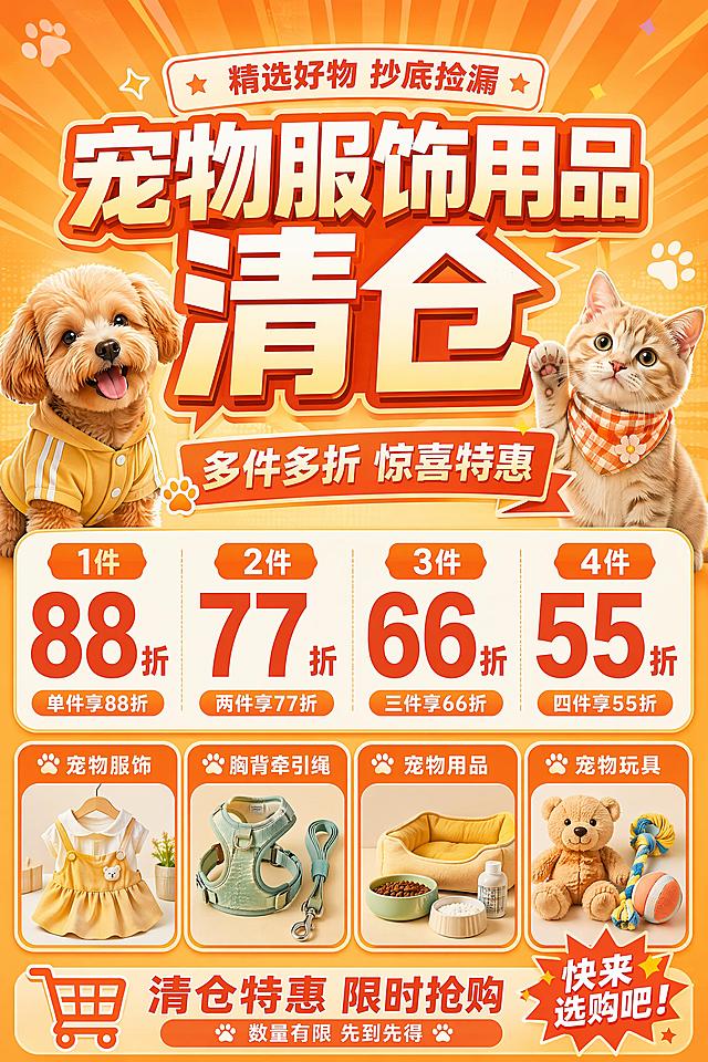活动促销风格宠物用品清仓海报，写实商业摄影，活泼暖橙色主色调，画面排版精美。主标题大字体"宠物服饰用品清仓"，副标题"多件多折 惊喜特惠"，装饰文案"精选好物 抄底捡漏"，优惠信息清晰陈列："1件88折" "2件77折" "3件66折" "4件55折"，涵盖品类：宠物服饰、胸背牵引绳、宠物用品、宠物玩具。画面加入可爱猫狗元素点缀，背景用暖橙色渐变放射纹理营造促销氛围，分区清晰，信息层级分明，四边留足安全边距，文字清晰可读，整体风格醒目有吸引力，适配竖版KT板展示。