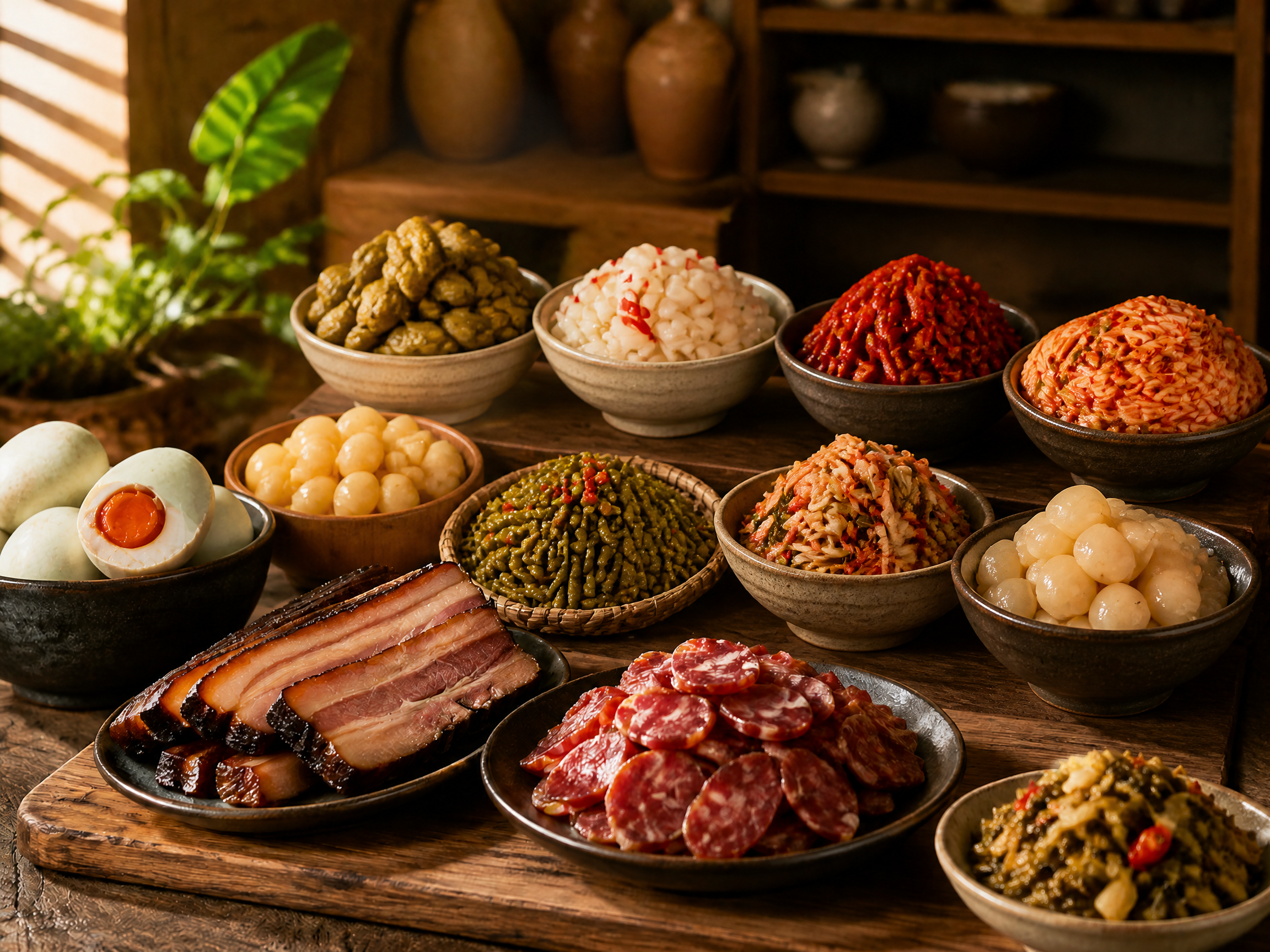 将图中所有玻璃瓶装的腌制食物全部移除，替换为开放的陶盆、木盆、… - 图片创意预览