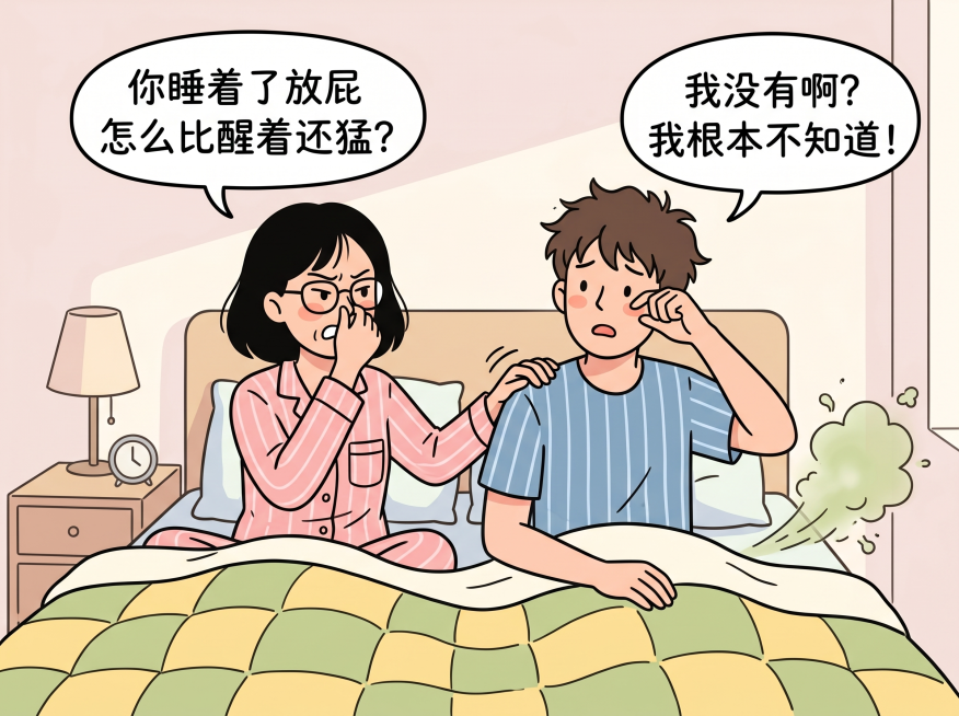 比例4:3，参考图片中的卡通人物风格，绘制夫妻俩睡在被窝里的搞笑场景：男士睡着后放屁把女士熏醒，女士一脸嫌弃拍醒男士，对话气泡：女士说“你睡着了放屁怎么比醒着还猛？”，男士一脸无辜回答：“我没有啊？我预览效果