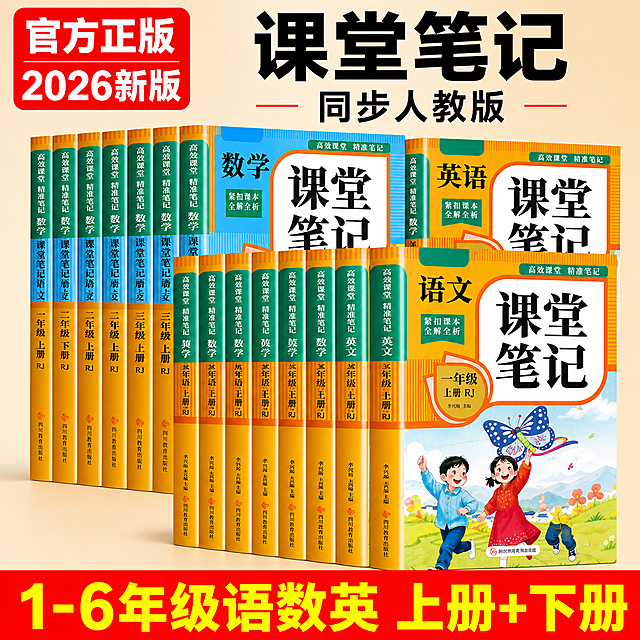 [主图-1] 2026新版人教版1-6年级语数英课堂笔记首图展示。
[氛围风格] 清晰专业的教辅图书视觉，简洁醒目吸引家长目光；
[画质] 商业摄影质感、光线柔和通透、产品清晰真实、画面干净高级。
[元素] 整套18本课堂笔记教辅书堆叠整齐展示在画面中心，语文书橙色封皮、数学蓝色封皮、英语黄色封皮层次分明，书本外观、颜色印刷与输入产品图保持绝对一致，杜绝任何变形和色差，精细化处理。商品主体占比严格控制在65%左右；画面满屏无边框。背景浅暖米色，简洁不抢主体，右上角留白放主标题文字。
[光影] 正面均匀软光打光，突出书本封面色彩和文字，边缘轮廓清晰，书本堆叠处有自然阴影，整体干净通透无暗角。
[配色] 主色调提取书本的暖橙色、天蓝色、明黄色；背景浅米色，文字采用红、白、黑三色对比清晰。
[视角构图] 正面平视，整套书籍堆叠为视觉中心，景深较浅突出主体，产品完整不裁切。
[文字版式] 左上角红色标签写"官方正版 2026新版"，白色粗字；居中最大粗体字写"课堂笔记
同步人教版"，黑色字；底部通栏红底写"1-6年级语数英 上册+下册"，黄色大字；文字都保留安全边距，不遮挡书籍主体，文字对比清晰，大小层级分明。
[比例分辨率] 1:1 比例，4k 分辨率；文字清晰锐利，画面超高清。
[负向提示词] 变形，文字错乱，产品图模糊，背景杂乱，水印，电商平台Logo。