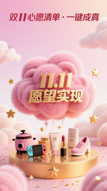 创建一个充满活力的，3D风格的宣传海报，梦幻般的粉红色渐变背景（从浅粉色过渡到深粉色，与柔和的云纹理）。  在顶部，包括引人注目的文字：“双11心愿清单·一键成真”。 在中心，一个大的蓬松的粉红色云作预览效果