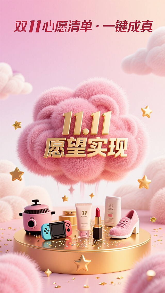 梦幻粉嫩云朵托举金色“11.11”字样，毛发生长质感与软3D风格交织，搭配鎏金星星与微缩商品，营造甜蜜可爱氛围，双11愿望清单一键成真。