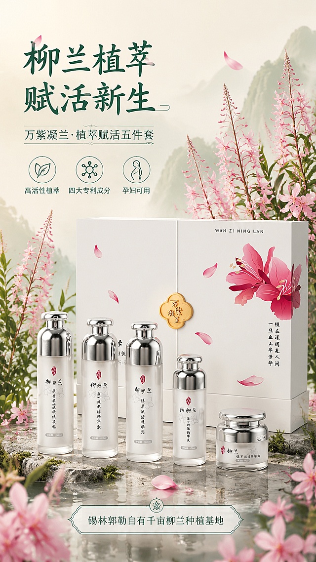[第1屏-全新重制版] 详情页头图-万紫凝兰柳兰植萃赋活五件套主视觉海报。本屏使用【图4】真实产品白底图作为瓶身外观基准，确保5个瓶身的文字、logo、比例与原图完全一致：瓶身正面竖排红色印章logo「万紫凝兰」+「柳兰」大字+「植萃赋活XX」+小花图案+净含量标注，文字清晰可读无乱码。同时使用【图1】礼盒作为参考，确保礼盒双开门结构、金色梅花扣位置正确。
[氛围/风格] 东方新中式国风，自然植萃高级感，商业摄影质感，柳兰原生植物环绕。
[元素布局] 柳兰植萃赋活五件套礼盒置于画面中下偏右，白色双开门礼盒，金色梅花形扣饰居中，右侧粉色柳兰花图案。礼盒前方从左到右依次摆放5件单品：植萃赋活氨基酸洁面乳、植萃赋活精华水、植萃赋活精华乳、植萃赋活精华液、植萃赋活精华霜。瓶身为磨砂白+银色亮面瓶盖，瓶身正面文字与真实产品图完全一致：红色万紫凝兰印章logo + 柳兰 + 植萃赋活XX + 线描小花 + 净含量ml/g。画面左侧和上方环绕大量原生柳兰植物素材：粉色穗状柳兰花、嫩绿长叶、花瓣飘落。背景为淡墨绿色山水朦胧渐变。
[光影质感] 左上方柔和自然光，瓶身银色盖有金属高光，磨砂瓶身有细腻质感，柳兰花叶通透，整体明亮温润。
[配色色系] 全局底色 #F5F0E8（米白杏色）；主色 #2D5A4B（墨绿）+ #C95A7C（胭红柳兰粉）；辅助色 #E8D5C4（浅杏）、金色点缀。
[视角构图] 正面微俯视，产品为视觉中心，阅读动线左上标题 → 中部产品 → 底部信息条。
[文字版式] 左上标题区：主标题「柳兰植萃 赋活新生」大号书法体，副标题「万紫凝兰·植萃赋活五件套」小号宋体；标题下方3个圆形icon：「高活性植萃」「四大专利成分」「孕妇可用」。底部：「锡林郭勒自有千亩柳兰种植基地」。文字不遮挡产品。
[比例分辨率] 9:16竖版比例，4K分辨率，文字清晰可辨，高清画质。
[负向提示词] 礼盒变形，扣子位置错误，瓶身变形，瓶身文字乱码，瓶身文字模糊，缺件错件，颜色偏差，水印，产品图模糊，柳兰花不真实，出现国际品牌字样。