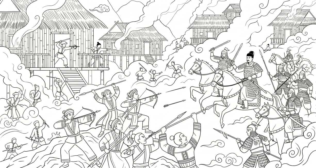 提取出这张插画的线稿，要求线条简洁干净，线条清晰流畅，去除所有颜色，保留完整的人物战斗场景轮廓预览效果