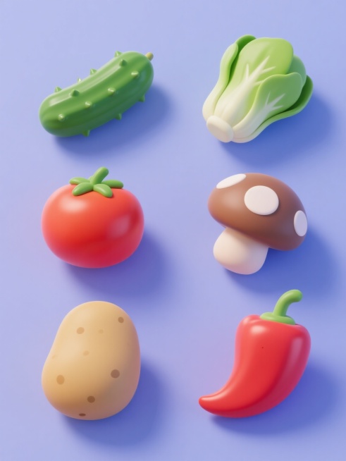软3D风格蔬菜插画，六个不同蔬菜元素规整排列，每个元素均有统一纯色背景和圆润3D造型。包含翠绿带刺的黄瓜、鲜嫩的小白菜、菌盖饱满的蘑菇、鲜红圆润的西红柿、土黄色椭圆土豆、色彩鲜亮的辣椒。整体色彩明快协调，保持一致的柔和光照效果及自然阴影，呈现出可爱的卡通质感。预览效果