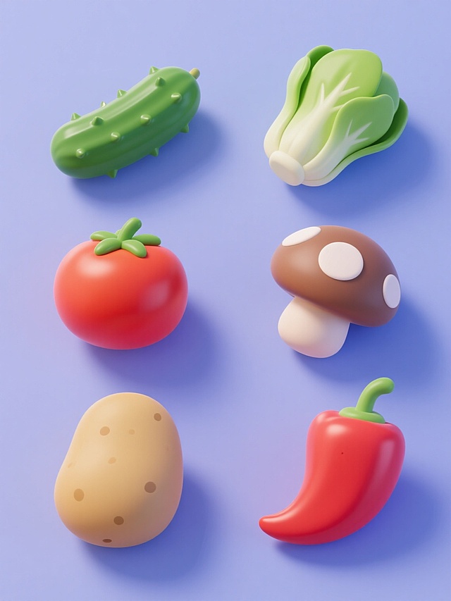 软3D风格蔬菜插画，六个不同蔬菜元素规整排列，每个元素均有统一纯色背景和圆润3D造型。包含翠绿带刺的黄瓜、鲜嫩的小白菜、菌盖饱满的蘑菇、鲜红圆润的西红柿、土黄色椭圆土豆、色彩鲜亮的辣椒。整体色彩明快协调，保持一致的柔和光照效果及自然阴影，呈现出可爱的卡通质感。