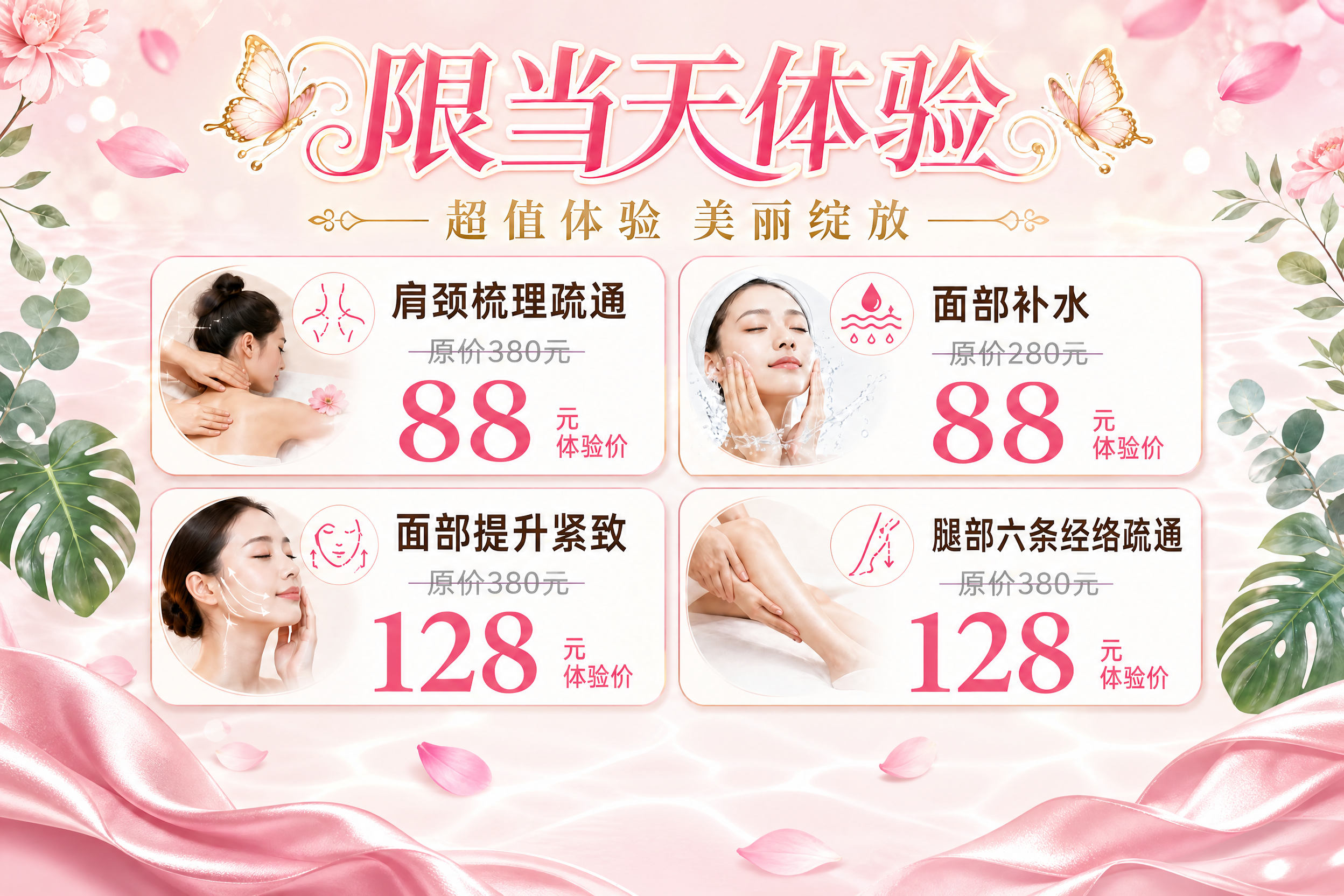 基于参考图的美容体验海报，去掉底部靠边的所有内容（底部粉色横条… - 图片创意预览