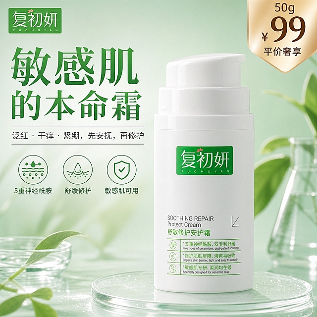 淘宝天猫电商主图，1:1正方形，舒敏修护安护霜产品主图，整体色调清新柔和的淡绿色系，干净高级的美妆护肤风格。画面中央是复初妍舒敏修护安护霜白色瓶身产品，产品清晰突出，质感细腻。主标题大字醒目："敏感肌的本命霜"，副文案："泛红 · 干痒 · 紧绷，先安抚，再修护"。下方三个卖点标签："5重神经酰胺"、"舒缓修护"、"敏感肌可用"。右上角金色高光价格角标："50g ¥99 平价奢享"。背景为柔和渐变淡绿色，光影柔和，整体色调统一，专业电商主图质感