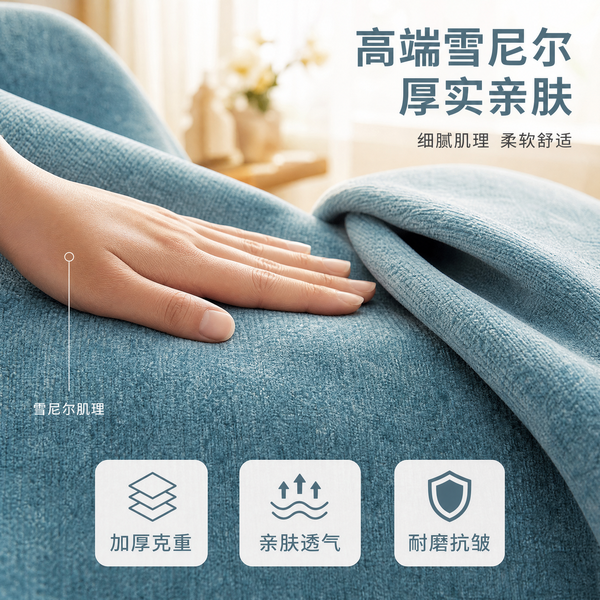 [主图-3] 雪尼尔面料材质微距与厚实亲肤展示图。 [氛围风格… - 图片创意预览
