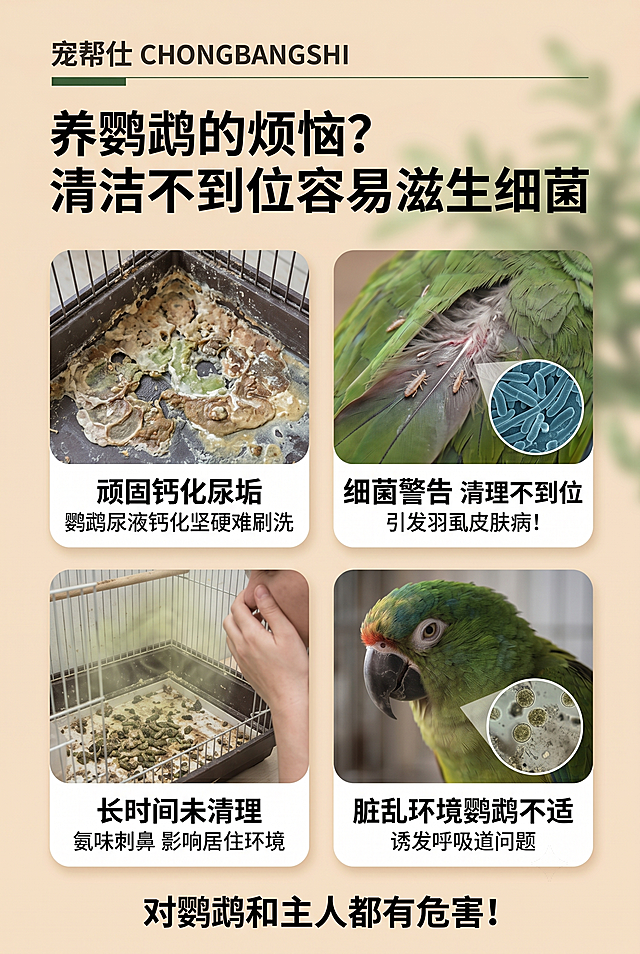 960×1431px 竖版痛点营销详情图，背景为全系统一浅暖米杏底色 + 朦胧柔和绿植柔光氛围感，和其余所有页面背景色调、质感完全一致；整体上下排版，顶部标题区，下方 2×2 四宫格圆角卡片排布痛点实拍图，每张卡片底部配说明文字，版式结构与原版完全复刻。
构图
顶部总标题，下方四格均等对称排布痛点内容，直观罗列饲养麻烦，引出产品解决必要性，痛点深度强化。
文字排版
画面顶部全程使用品牌固定：「宠帮仕 chongbangshi」中英文双标题，字号、位置与原版对应区域完全匹配
画面顶部左侧深绿色短横线装饰，下方两行加粗黑色大标题：
第一行："养鹦鹉的烦恼？"
第二行："清洁不到位容易滋生细菌"
四宫格从上至下从左到右文案：
左上卡片文字：顽固钙化尿垢 鹦鹉尿液钙化坚硬难刷洗
右上卡片文字：细菌警告 清理不到位 引发羽虱皮肤病！
左下卡片文字：长时间未清理 氨味刺鼻 影响居住环境
右下卡片文字：脏乱环境鹦鹉不适 诱发呼吸道问题
页面最底部居中加粗总结文字："对鹦鹉和主人都有危害！"
色彩色调
统一浅暖米杏柔和底色，画面色调与另外 8 屏完全统一，实拍图写实真实，排版克制干净，痛点冲击力强。
画面风格
痛点切入型详情页，精准戳中养鸟笼具清洁难题，铺垫产品价值，痛点放大更贴合饲养场景。
全部图片画质：8K 超清、300DPI 印刷精度、sRGB 色域，柔和漫射无影柔光，无生硬硬阴影、无过曝、无噪点杂色；文字矢量锐利清晰、排版严谨复刻原图版式；产品统一描述：使用宠帮仕 S2 鸟笼除垢清洁剂，白色按压喷头喷雾瓶，瓶身蓝绿系品牌标签设计；全系统一背景调性：柔和浅暖米杏底色 + 低透明度朦胧绿植柔光氛围感，清新自然宠物洗护视觉，9 张画面光影、色调风格 100% 统一；反向提示词：图片拉伸变形、四宫格大小错乱、文字排版拥挤重叠、阴影厚重杂乱、背景色调跳脱违和、手绘卡通画风、画面脏污刺眼、出现兔子相关元素