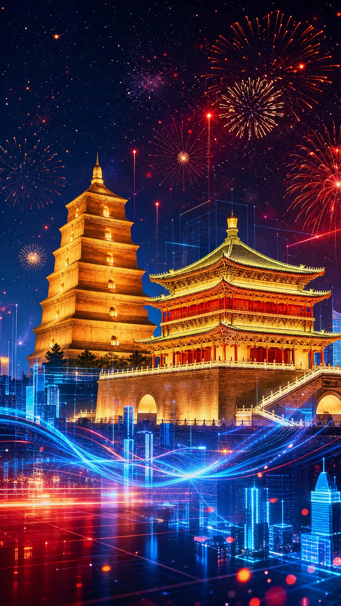节日主题海报，画面融合西安传统古建筑与现代科技元素。主体为西安… - 图片创意预览