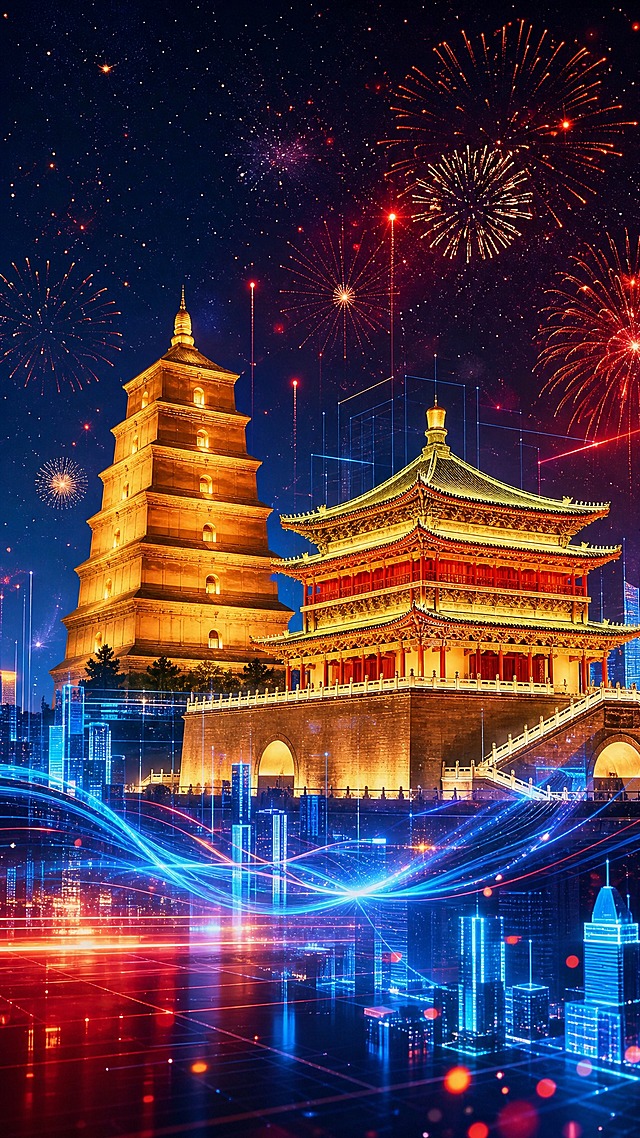 节日主题海报，画面融合西安传统古建筑与现代科技元素。主体为西安大雁塔和钟楼的建筑造型，采用暖金色调，庄严肃穆。周围环绕未来科技感元素：发光的城市天际线剪影、流动的蓝色光线、粒子光点、几何线条和半透明数字网格。背景为深邃夜空，点缀星光和绽放的烟花光影，营造喜庆节日氛围。整体色调以红色、金色和科技蓝为主，传统与现代交融。画面中没有任何文字，纯视觉表达。超高清画质，细节丰富，光影层次分明，版式精美，构图平衡大气。