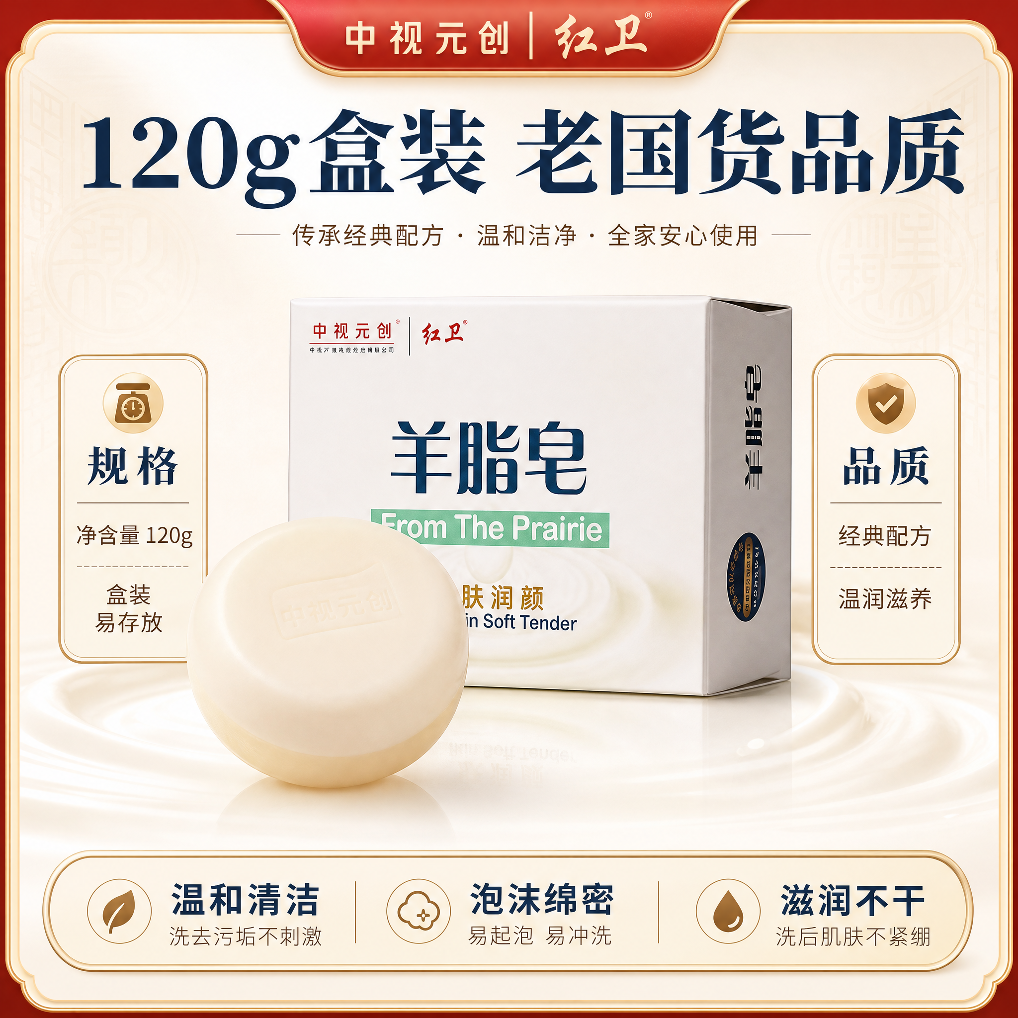 [主图-5] 规格展示与信任背书，突出120g盒装陈列和老国货… - 图片创意预览